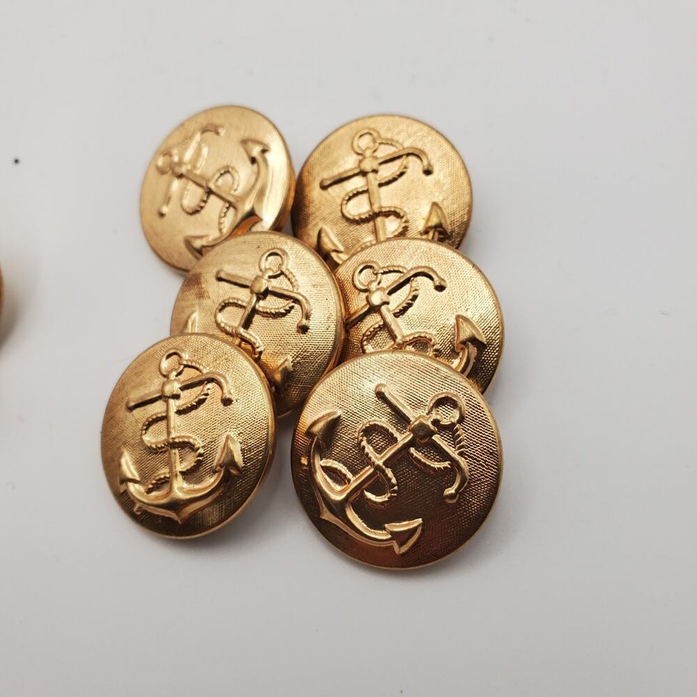 6 Vintage Goldtone Brass Shank Back Anchor Blazer Buttons Marine Navy Style 5/8"